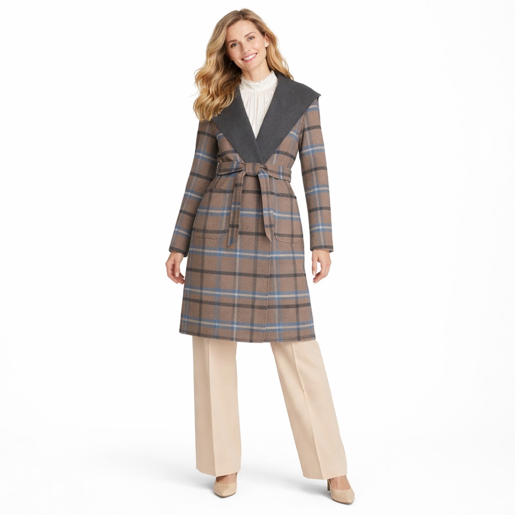 $475 Nwt Elie Tahari Womens Wool Blend Cozy Wrap Coat Large Gray Plaid Belted